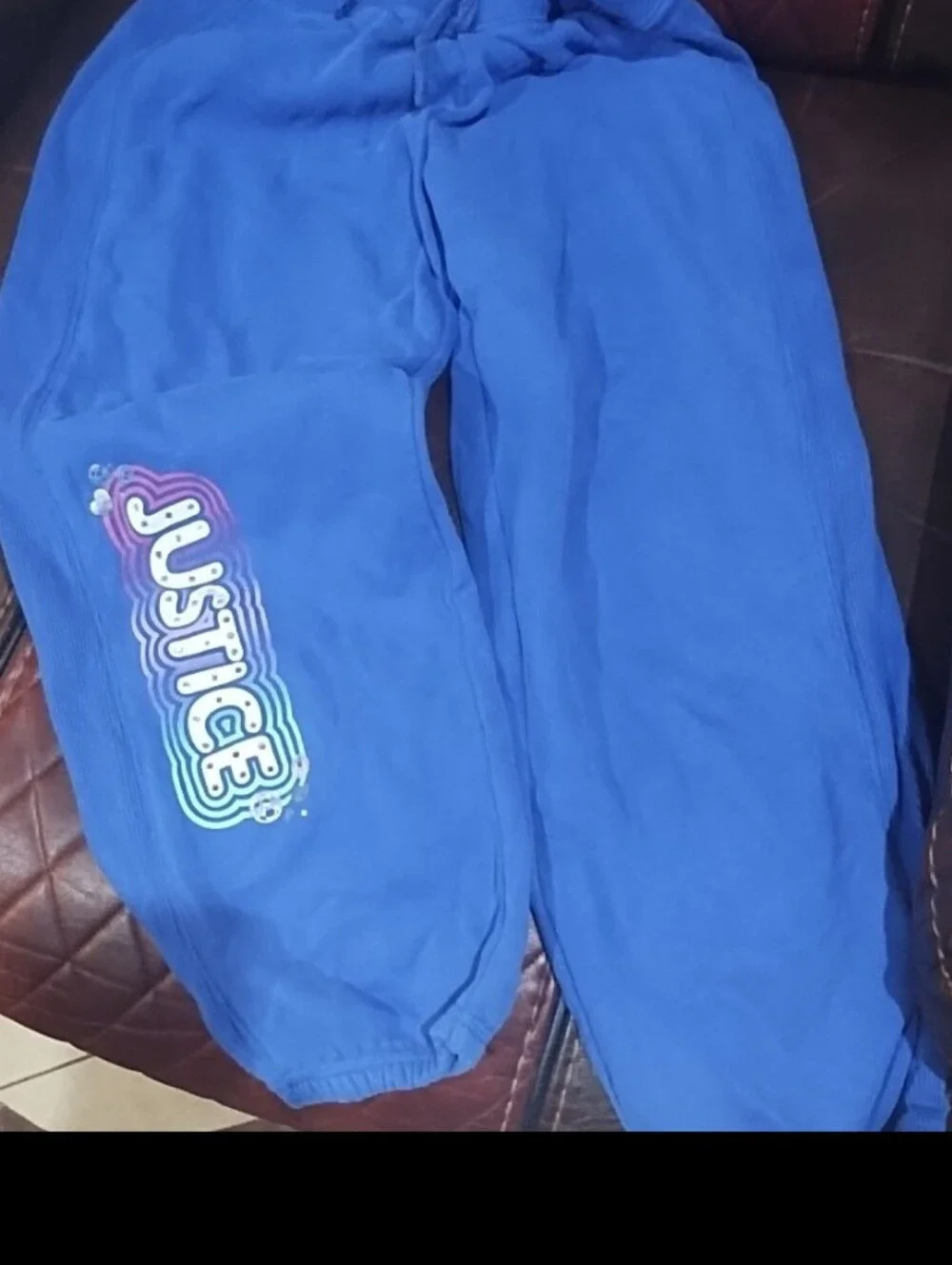 Justice Bright Blue Girls' Sweatpants with Rainbow Logo